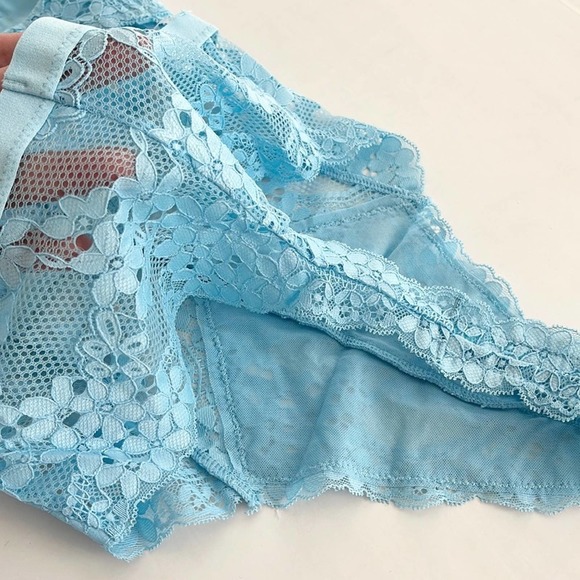 NEW Forever 21 Sky Blue Sheer Lace Lingerie Bodysuit Thong - Picture 6 of 9